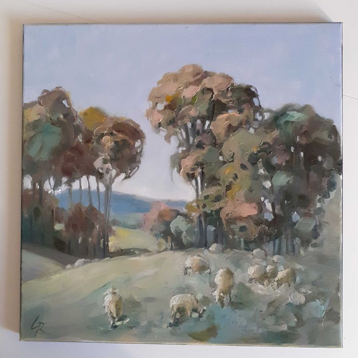 Pejzaż z owcami. Obraz olejny na płótnie. 40 x 40 cm