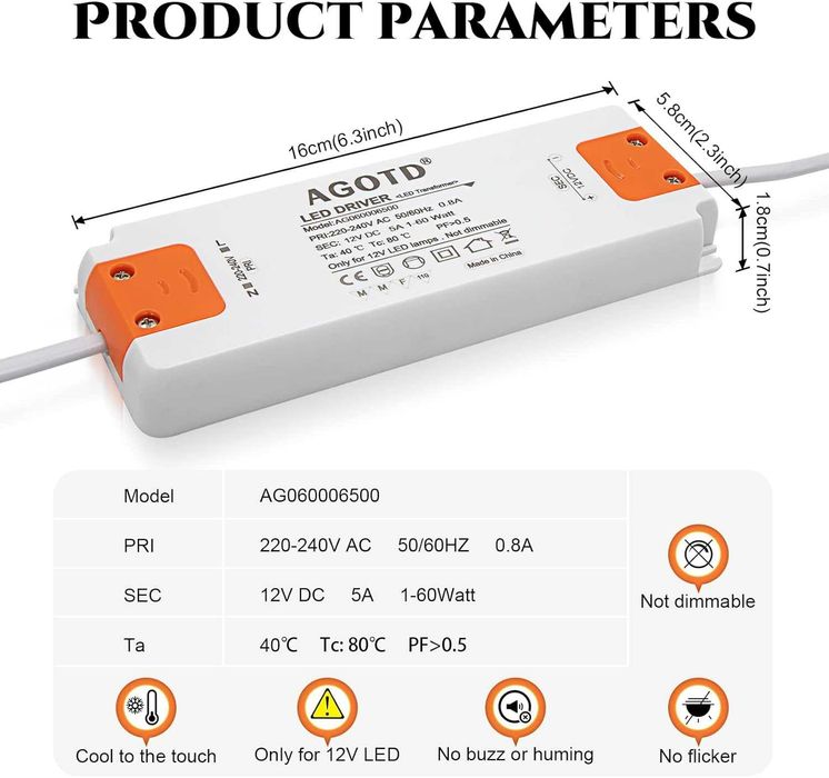AGOTD sterownik LED 220-240 V 60W .Wyjście DC 12V 5A transformator LED