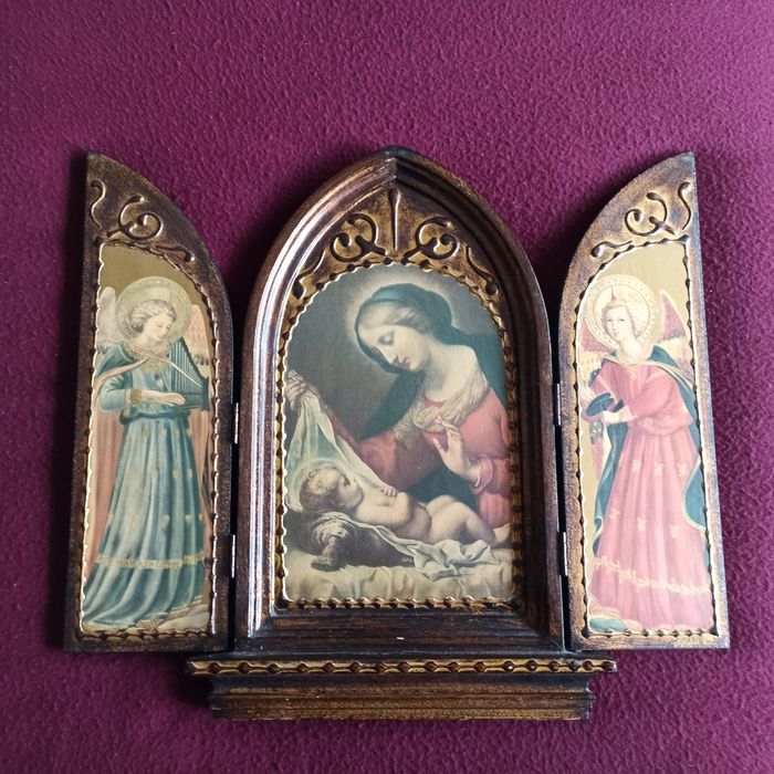Vintage Religious Triptych in Wood