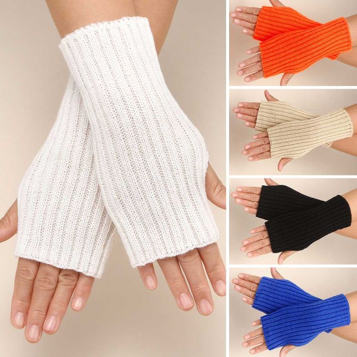 Хутряні мітенки білі рукавички без пальців теплі м'які рукава пудра