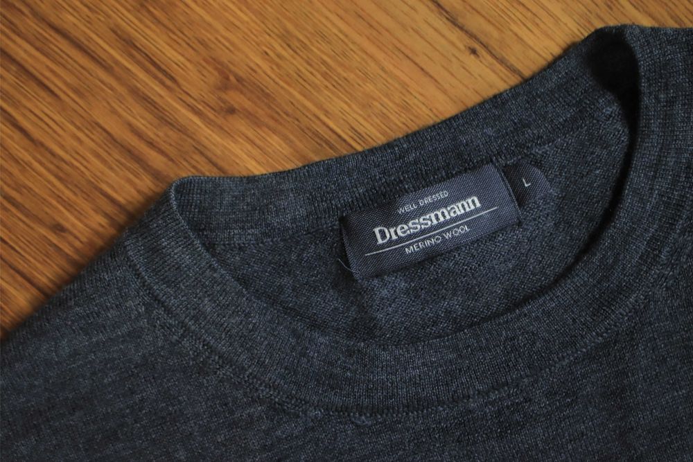 Sweter Dressmann r. L okrągły dekolt wełna merino szary cienki