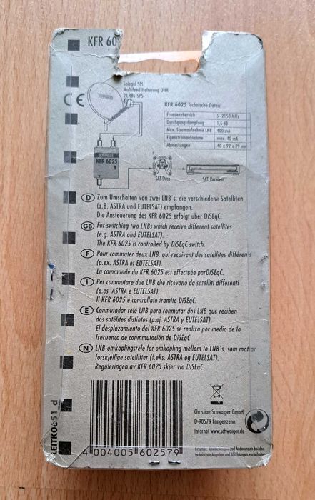 Przełącznik satelitarny switch SAT DiSEqC 2 na 1 Schwaiger KFR 6025