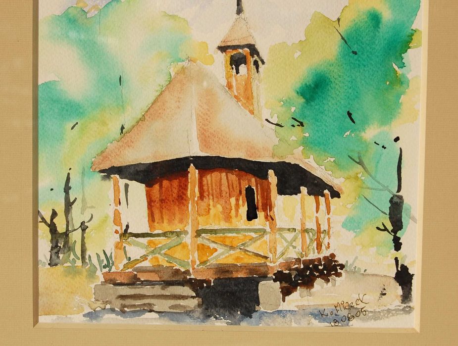 Krzysztof Miazek, architektura drewniana, cerkiew, akwarela