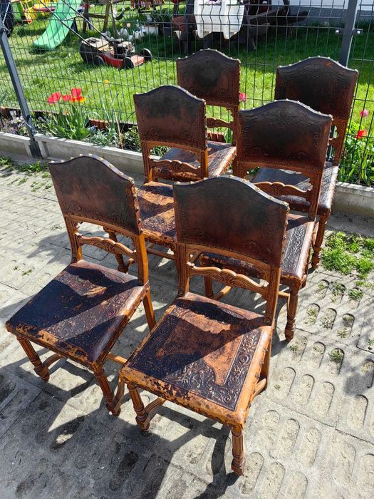 6 sztuk sześć krzeseł fotel skórzanych antycznych krzesło antyczne do jadalni skórzane rycerskie pałacowe zamkowe antyki rzezbione z cekinami