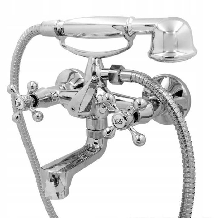 Bateria wannowa chrom RETRO na pokrętła + słuchawka wąż 150cm NOWA