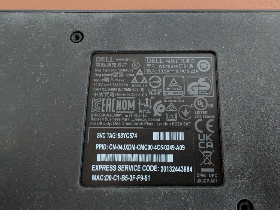 Stacja dokująca Dell USB-C Thunderbolt WD19S K20A001 +zasilacz