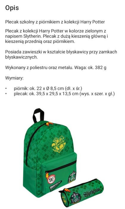 Plecak i piórnik Slytherin / nowe