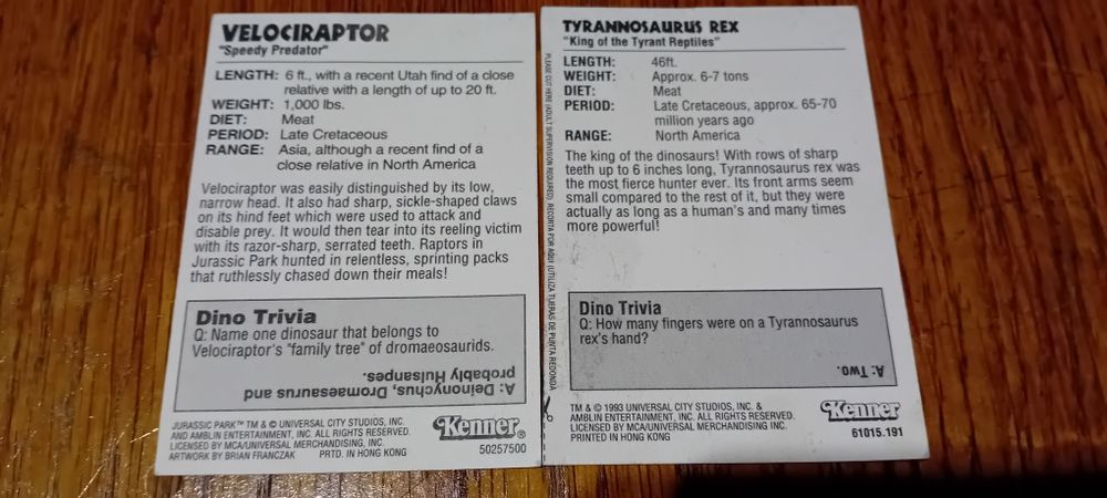 Karty kolekcjonerskie 9 szt Jurassic Park