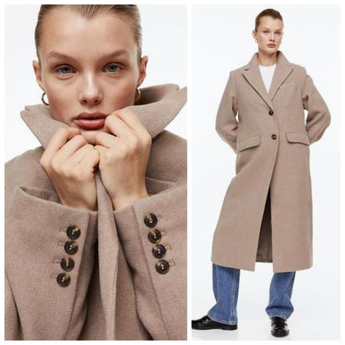 H&M 42r oversizowy beżowy długi płaszcz z wełną kolor cappuccino