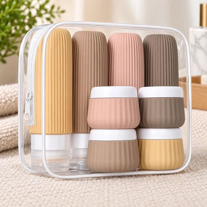 Kit de Viagem com Frascos e Recipientes – Organizador de Cosméticos