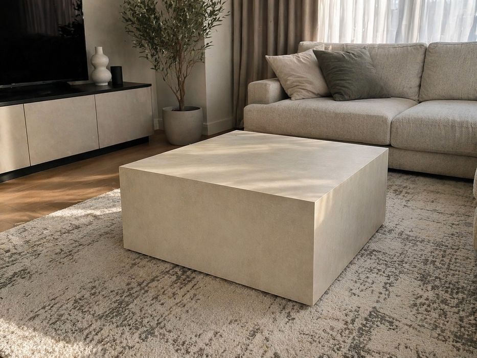 Stolik Kawowy - efekt monolitycznej bryły kolor beżowy / kaszmir gres jak spiek kamień wygląd premium 80x80x40