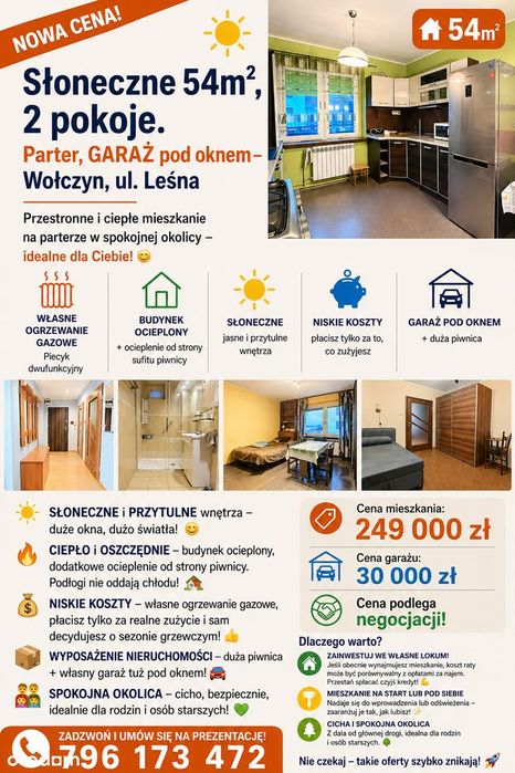 NOWA CENA. Mieszkanie na parterze 54m, 2 pokoje, piwnica, garaż.