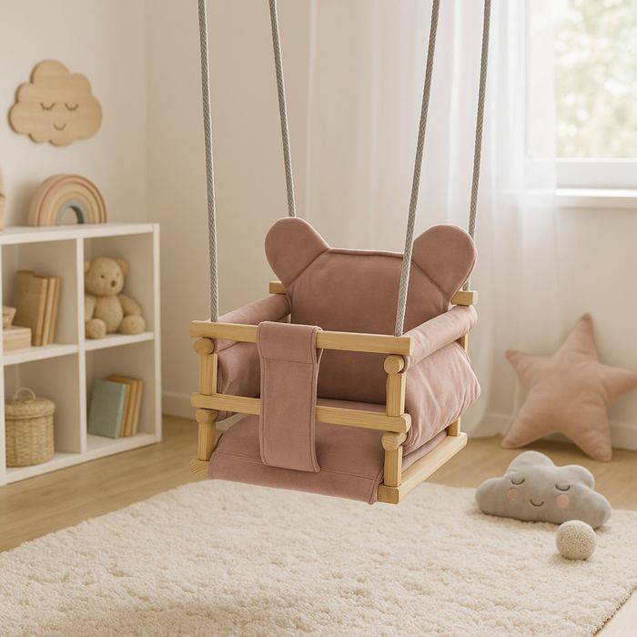 Huśtawka Welurowa Miś - Pudrowy Róż
