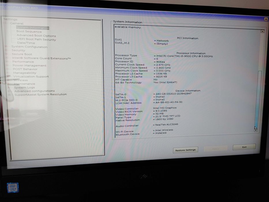 Komputer AIO DELL Optiplex 5270 / Intel Core i5-9500 / 16 GB DDR4 / 240 GB SSD / Klawiatura i Mysz Logitech / Windows 11 /