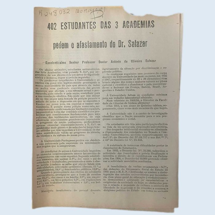 402 Estudantes das 3 Academias pedem o afastamento do Dr. Salazar 1959