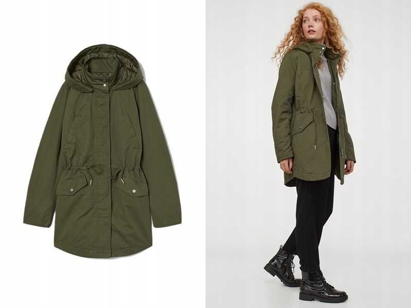 H&M pikowana parka z bawełny r.S/M khaki przejściowa kurtka BDB+