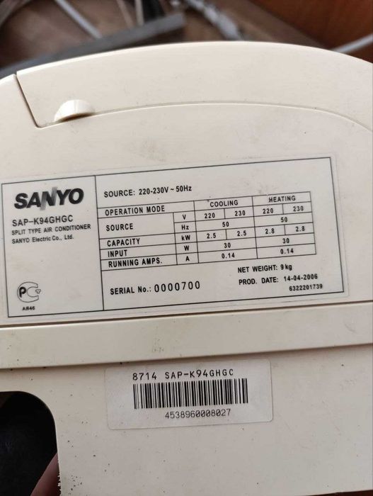 сплит система кондиционер Sanyo SAP-K94  GHGC  9ка  до 25м2 б/у, заправлен, в рабочем состоянии