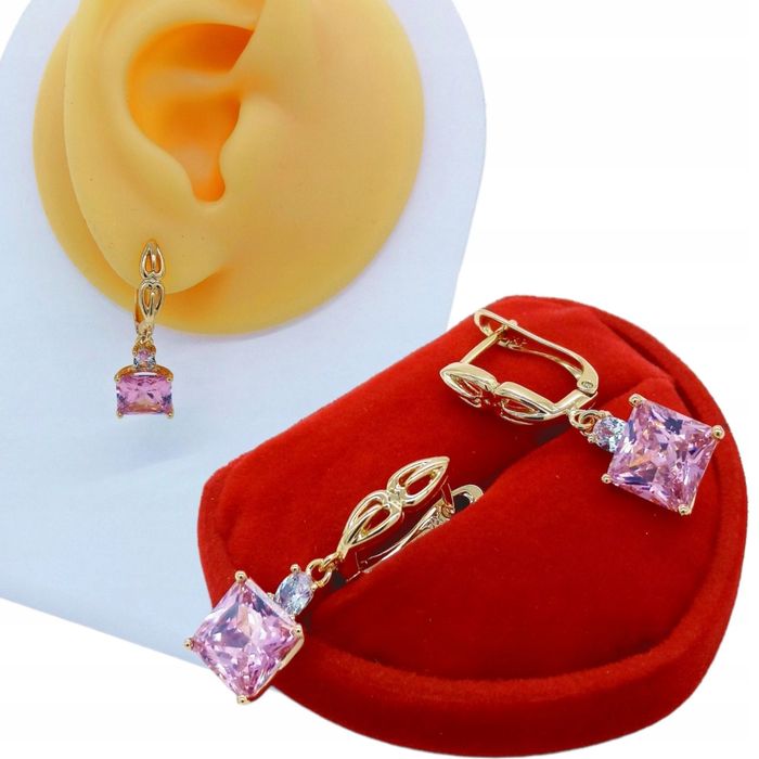 Złote Kolczyki Różowy Kwadrat Z Oczkiem --- K1518