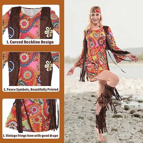 Kostium hippiski, 3 elementy Lata 70. Sukienka, opaska, ocieplacze S-L