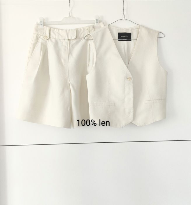 Garnitur damski Massimo dutti 36 S kremowy ecru komplet kamizelka spodenki lniany letni
