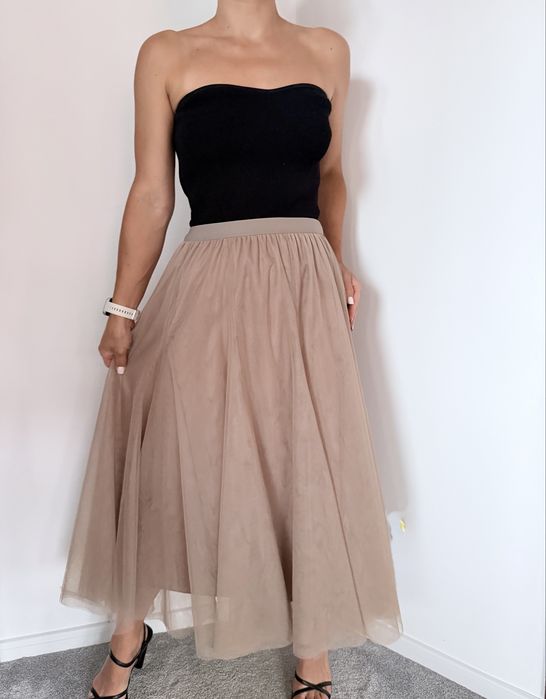 Beżowa damska spódnica tiulowa maxi elegancka na gumce 42 XL