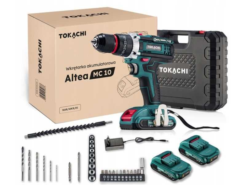 Wiertarko-wkrętarka udarowa 21V 2x2Ah metalowa głowica zestaw