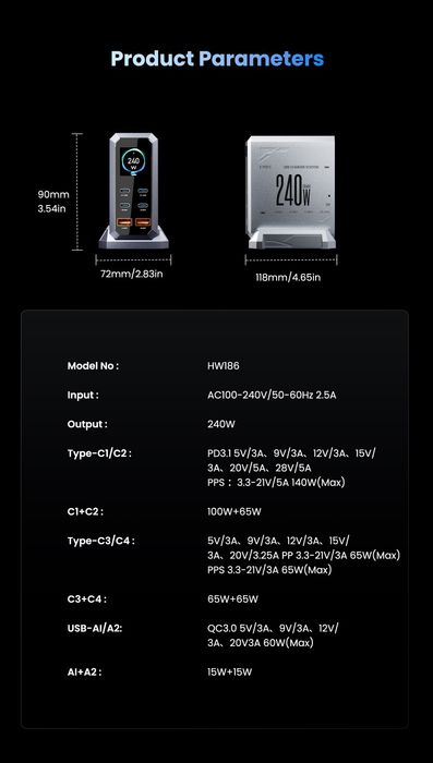 Зарядна станція Asometech 240w (4+2usb)