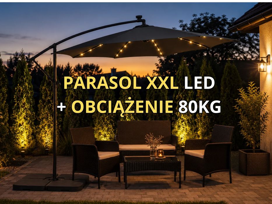 NOWY Parasol Ogrodowy LED 300 cm Duży XXL Ciemny Szary Z Lampkami Solidny Składany Metalowy Stalowy Z Obciążnikiem Obciążeniem Pod Parasol OKAZJA! FV!