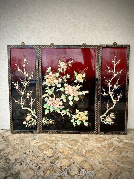 Painel quadros orientais antigos madrepérola