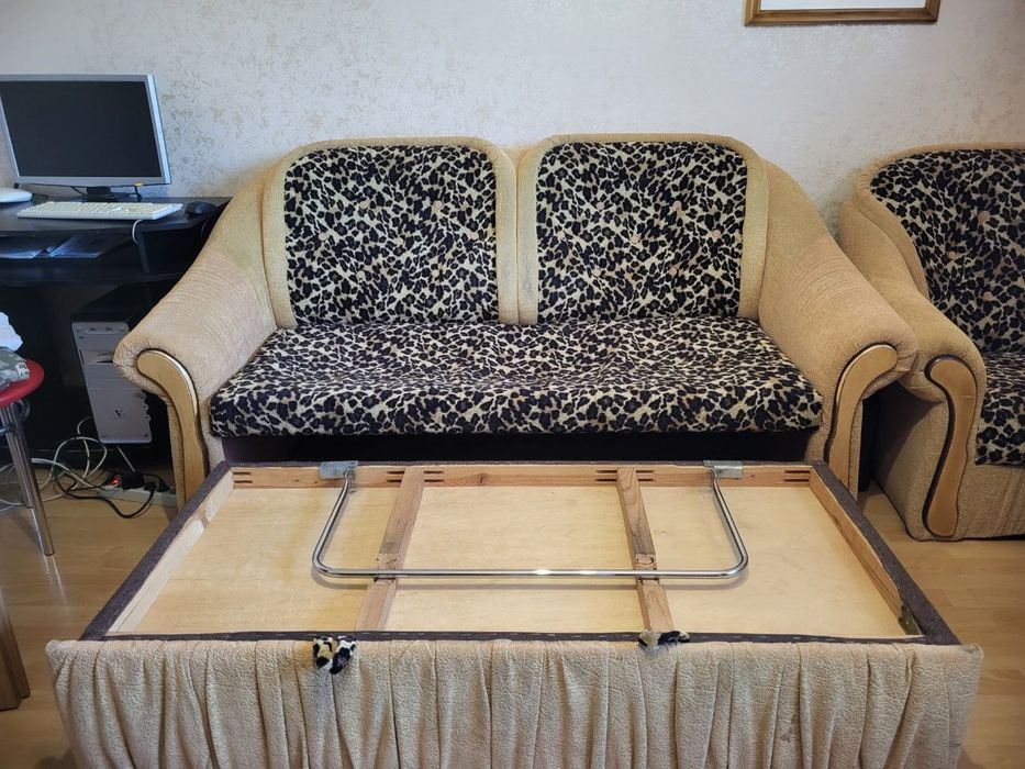 Розкладний диван з двома кріслами з леопардовим принтом