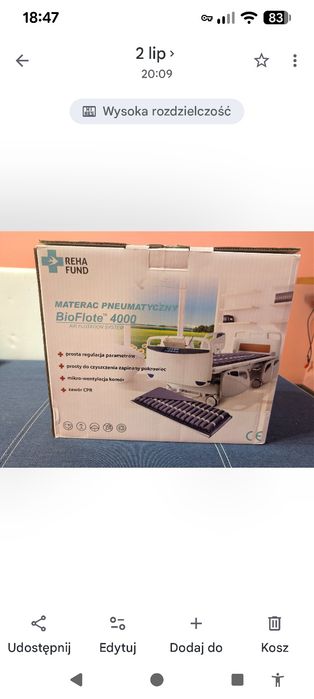 Nowy materac przeciw odleżynom pneumatyczny Bioflote model 4000