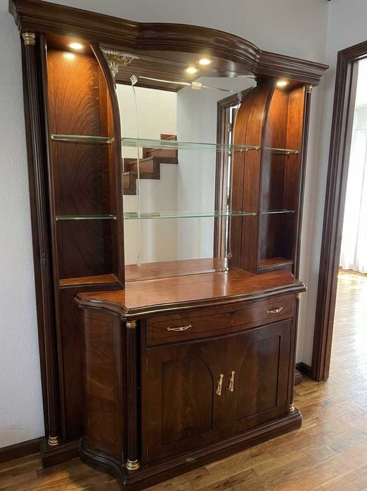 Cristaleira Madeira Maciça c/ Iluminação LED - Portas Vidro e Espelho