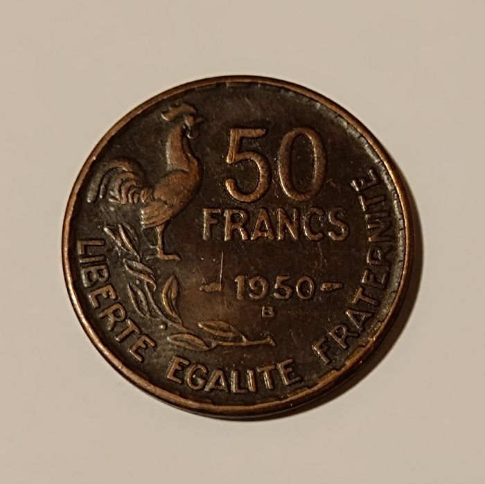 Moneta 50 franków z 1950 roku.