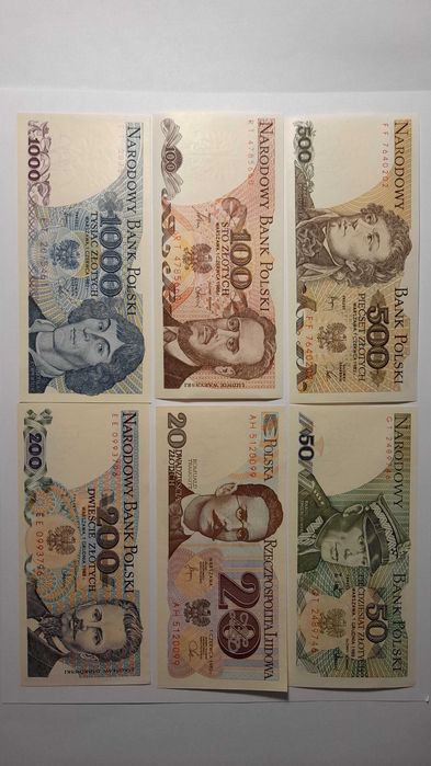 Zestaw 6 banknotów PRL stan bbankowy
