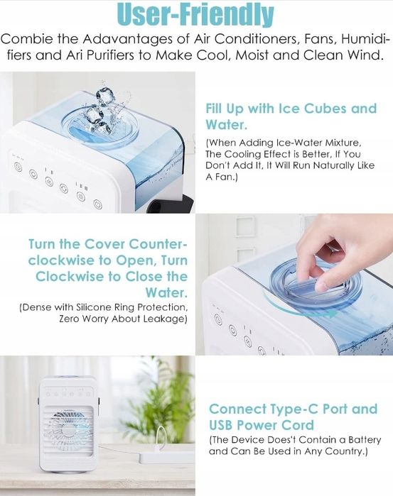 Przenośny nawilżacz powietrzą klimatyzator wentylator manwe f2 4w 1