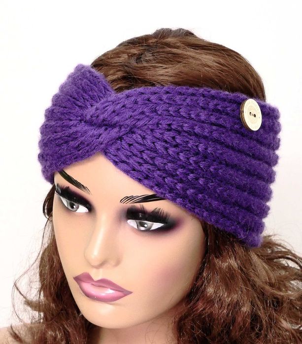 Szeroka opaska na głowę zimowa z wełny merino handmade fioletowa luksusowa