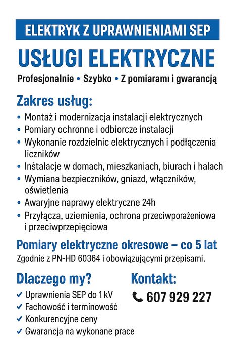 Uslugi elektryczne -nowe instalacje, awarie , pomiary elektryczne