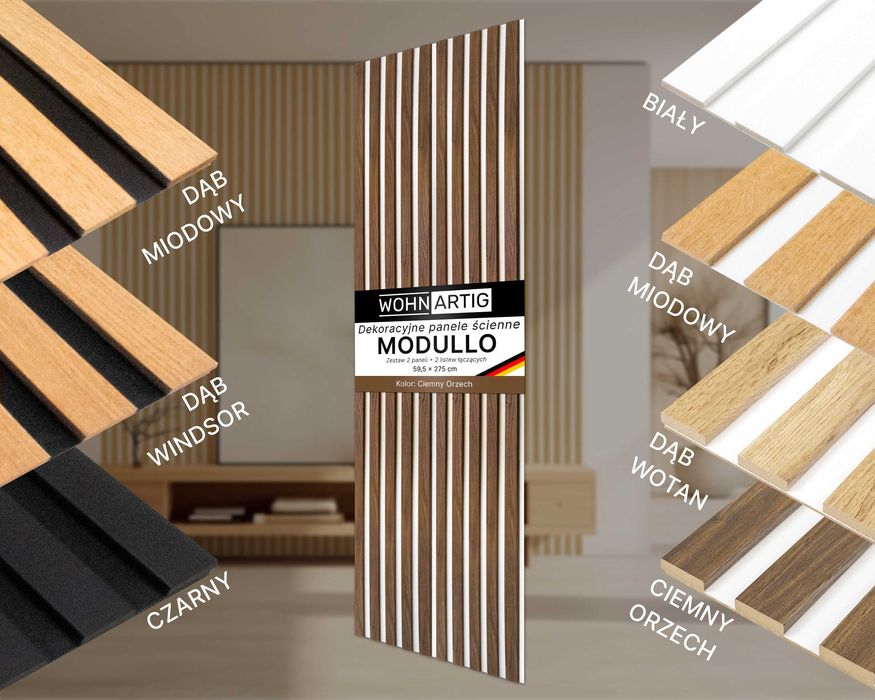 Lamele ścienne na białej płycie HDF - 275 cm x 59,5 cm - Dąb i inne