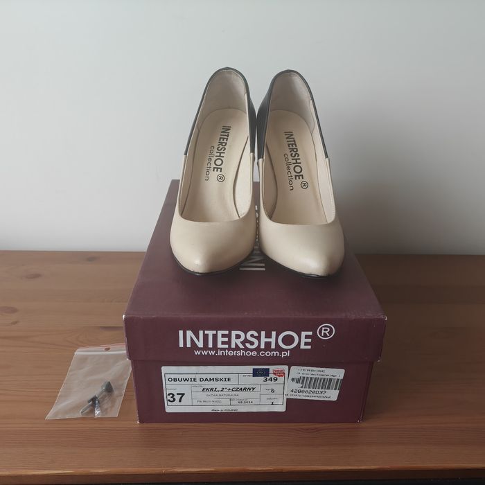 Nowe obcasy Intershoe 37 skóra naturalna beżowo czarne