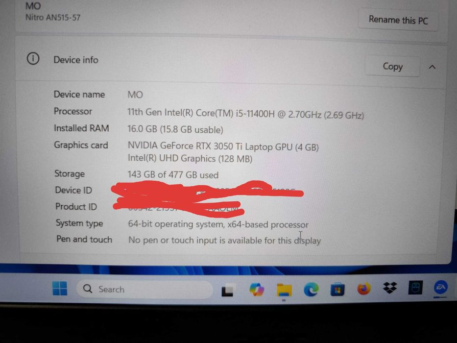 Laptop gamingowy Acer Nitro 5 RTX 3050ti/ RAM 16/ SSD512/ i5 11400H/ 144Hz