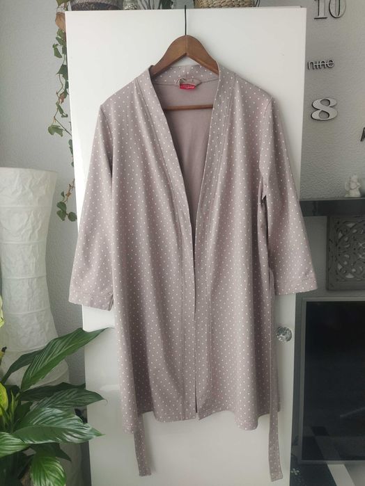 MUZZY szlafrok bawełniany wiązany beżowy w kropeczki rękaw 3/4 roz. XL
