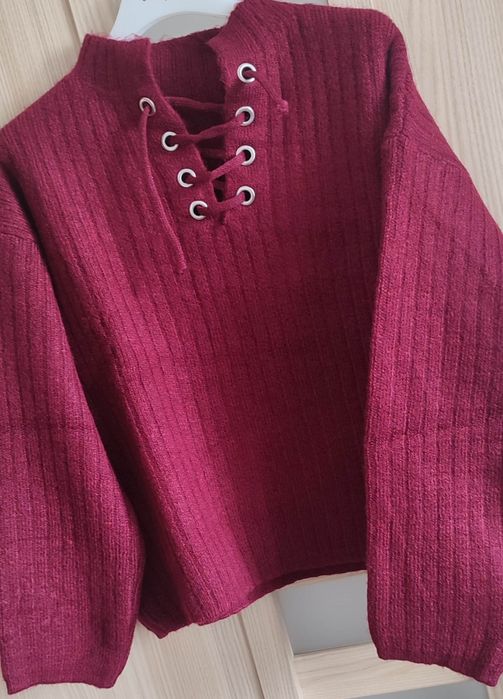 Swetr damski wełna bordo sznurowany ze stójką Motion uniwersalny