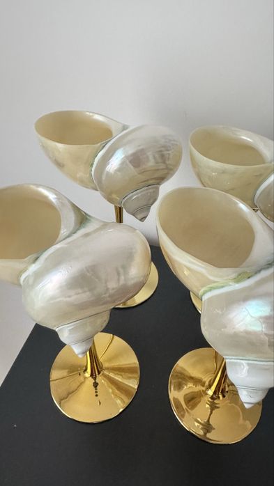 Kieliszki muszle masa perłowa złota stópka do szampana drinków NOWE