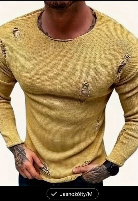 Swetr męski z dzianiny z okrągłym dekoltem i rozdarciami