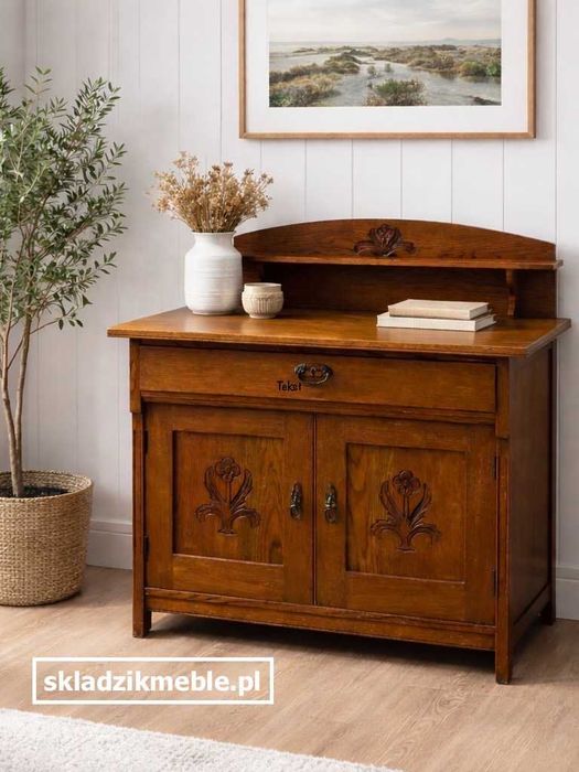 060326 Antyczna komoda dębowa z nadstawką, z rzeźbionymi frontami