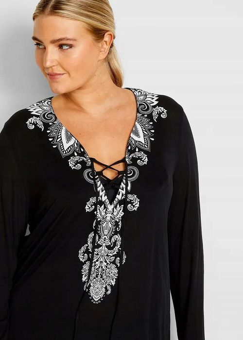 B.P.C tunika plażowa czarna z białym nadrukiem boho ^36/38