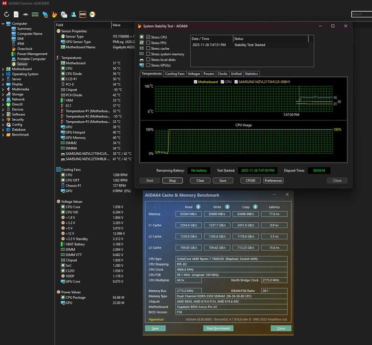 Conjunto Aorus B650 Pro AX Ryzen 7800x3d DDR5 G.SKILL 64GB PM9A1 2TB