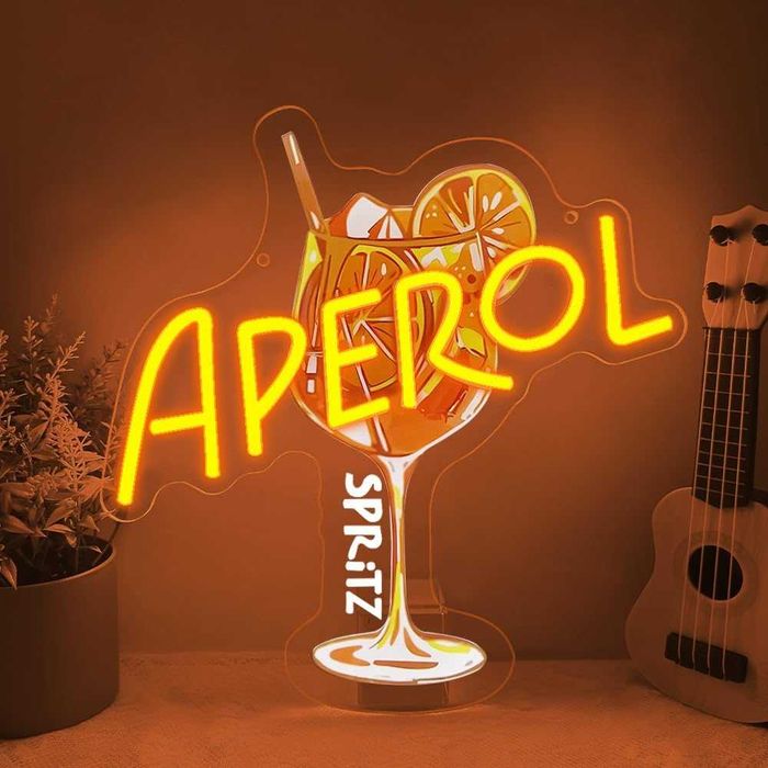 Reclame Luminoso Decorativo "Aperol Spritz" com Iluminação LED Néon em Base de Acrílico - Carregado por USB - Diferentes Frases e Temas