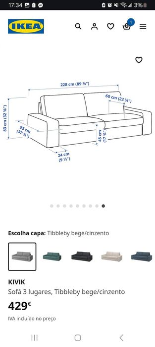 Sofá Kivik 3 lugares com capa Tibbleby bege/cinzento