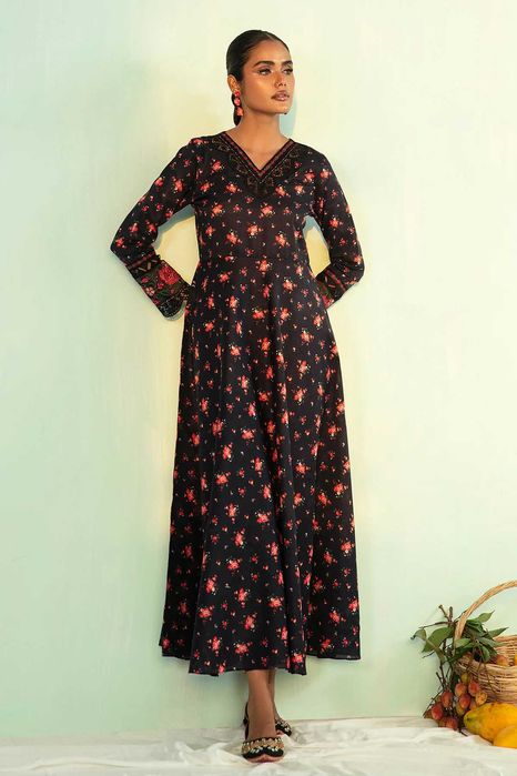 Komplet długa sukienka maxi spodnie M 38 bawełna czarna w kwiaty róże